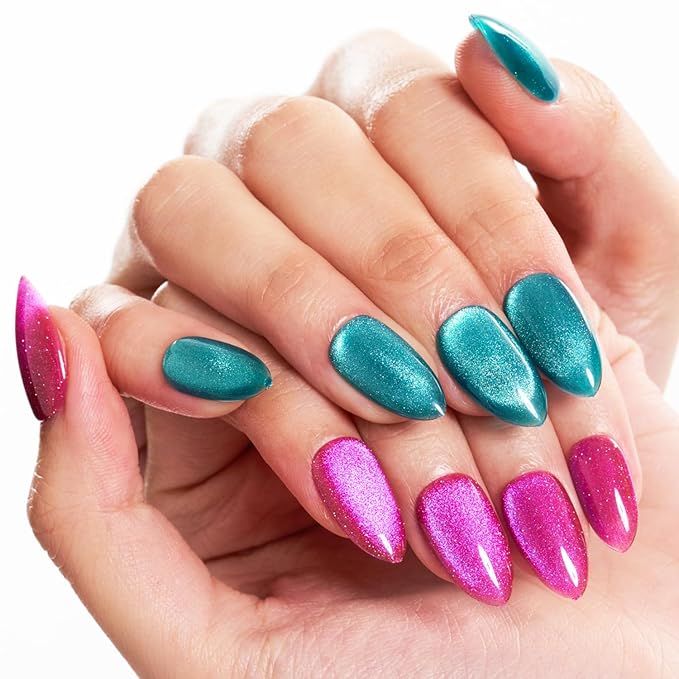 GLAMERMAID Pink Blue Magnet Cat Eyes Press On Nails Short Almond, Aurora Magnetic Handmade Soft Jelly Gel Fake Nails, Ombre Round Oval Stick Glue on Nail Kit for Women, Reusable Acrylic False Nail Set