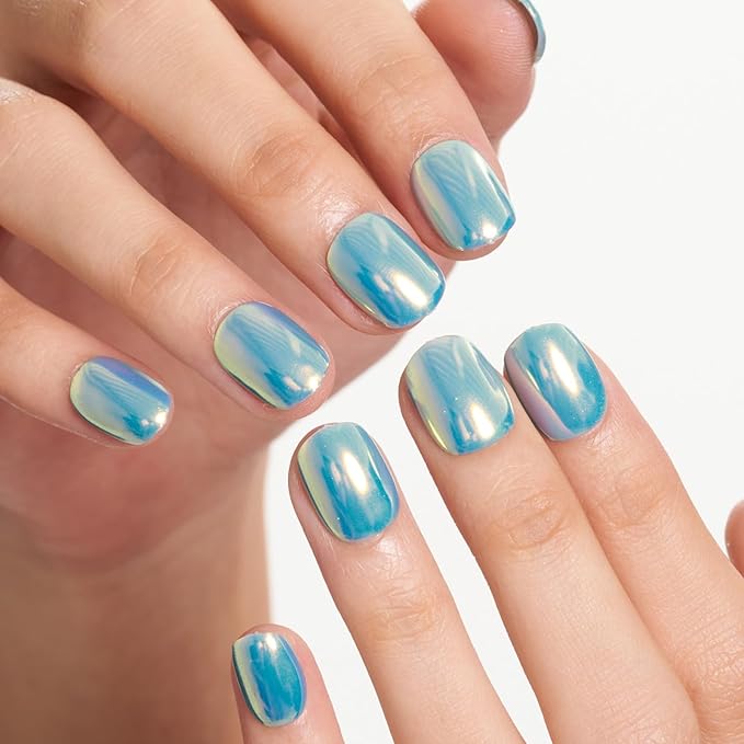GLAMERMAID Light Blue Chrome Extra Short Press on Nails, Glazed Handmade Pure Blue Fake Nails Short Squoval, Mirror Powder Square Glue on Nails, Acrylic False Nails, Glossy Round Fake Nails for Women