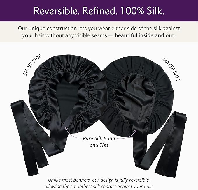 100% Mulberry Silk Hair Sleep Bonnet - Reversible Sleep Bonnet for Women, Wide Band Adjustable Tie, Night Cap for Curly Hair