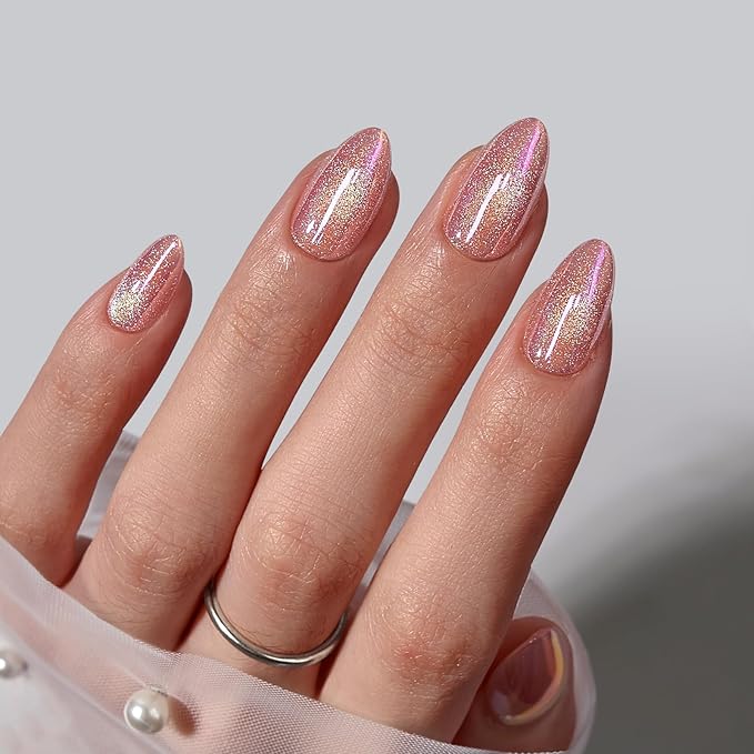BTArtbox Press On Nails Short - Pink Cat Eye Almond Press On Nails with Glue for Women, Opaque Soft Gel Glue On Nails in 16 Sizes - 32 Stick On Nails Kit, Tassel Shine