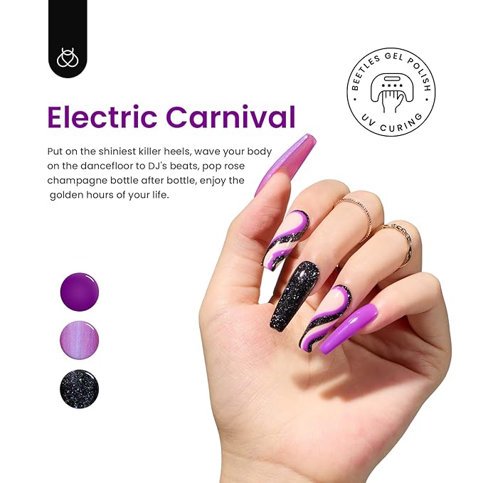 Beetles Hot Pink Gel Nail Polish Set, 6 Colors Glitter Gel Nail Polish Kit Pink Purple Black Shimmer Soak Off Uv Dreamy Swirl Thread Effect DIY Manicure Valentines Gift for Women