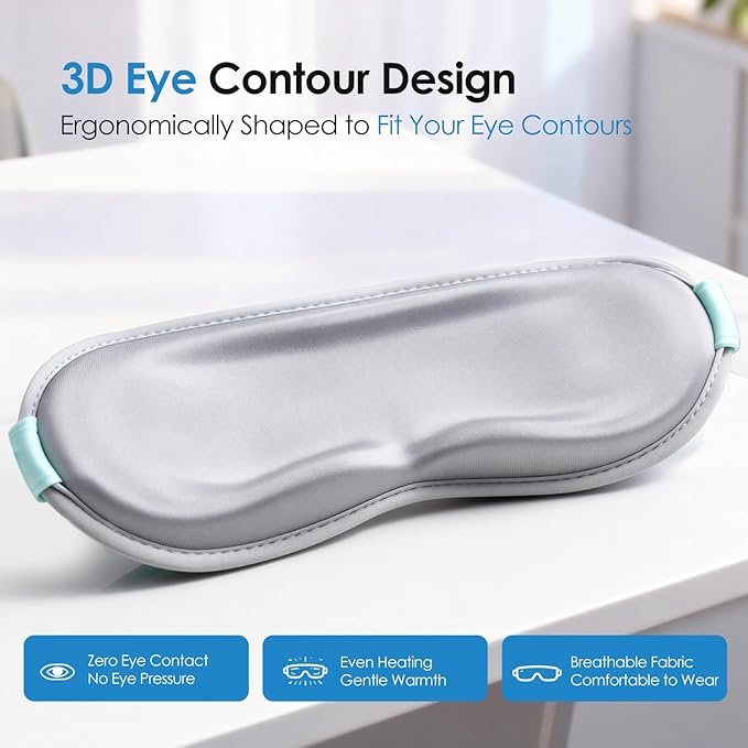 Heated Eye Mask with Massager, 3D Contoured Light-Blocking Sleep Mask for Dry Eyes, LED Display & 3-Level Heat/Vibration Modes,Gift for Men & Women, Ideal for Home, Office & Travel Use (Grey)