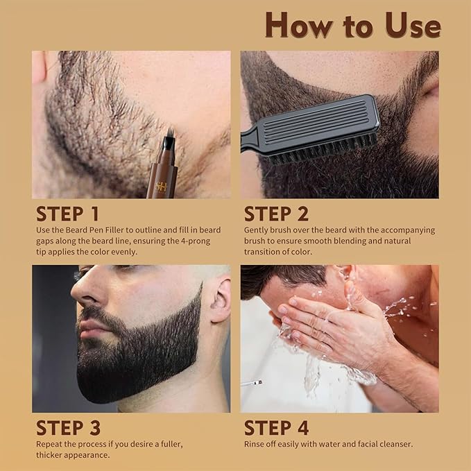 Sevich Beard Pencil Filler for Men Black, Instant Beard Dye for Men,48h Waterproof & Sweatproof, 4-Prong Tip for Seamless Application, Enhances All Beard Types with Fuller