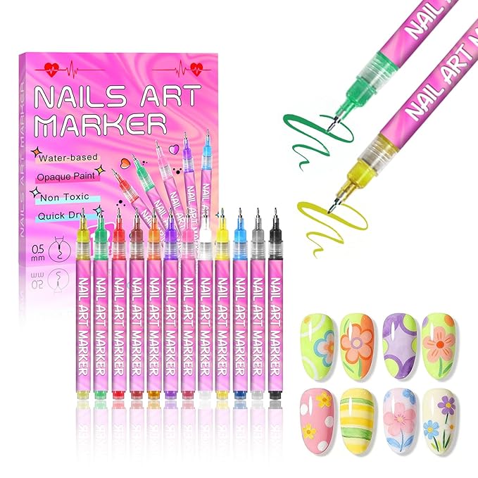 12 Colors Nail Art Pens Set,Fine Tip Nail Polish Pens Set,Quick-drying Waterproof for Nail Painting Pens,Manicure Kit Tools for Home Salon and DIY Nail Art Design(Pink)