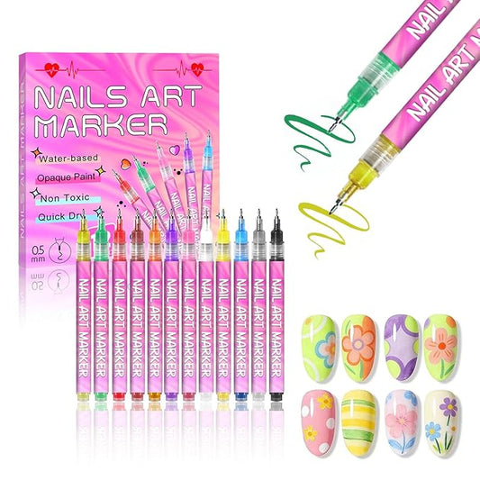 12 Colors Nail Art Pens Set,Fine Tip Nail Polish Pens Set,Quick-drying Waterproof for Nail Painting Pens,Manicure Kit Tools for Home Salon and DIY Nail Art Design(Pink)