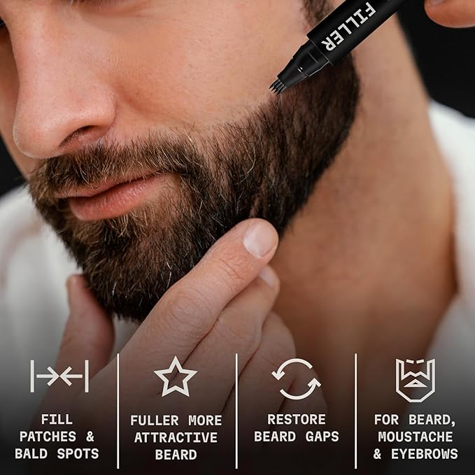 Striking Viking Beard Pencil Filler - Jet Black, 2-Pack with Soft Bristle Brush - Barber Pencil Tip for Gap Repair - Realistic Hair Strokes with Beard Pen - Waterproof All-Day Wear with Pen Filler