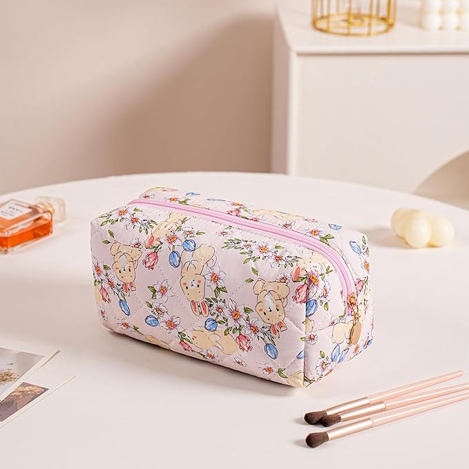 Cute Floral Makeup Bag Small Cotton Quilted Cosmetic Bag, Aesthetic Essential Bag Emergency Bag Gift for Women Girls Travel Accessories (Yellow Rabbit)