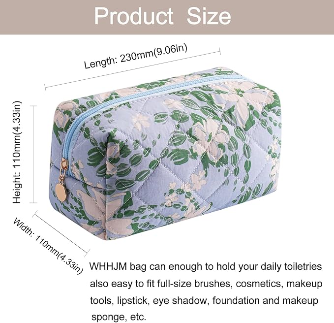 Cute Floral Makeup Bag Small Cotton Quilted Cosmetic Bag, Aesthetic Essential Bag Emergency Bag Gift for Women Girls Travel Accessories (White Gardenias)