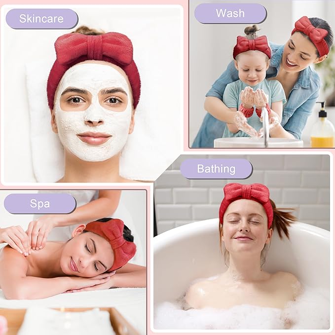 Crosize 7 Pack Cute Spa Skin Care Hairband and Wristband Set for Women, Red, Microfiber, for Makeup, Face Wash, Mask, Exercise, Showering