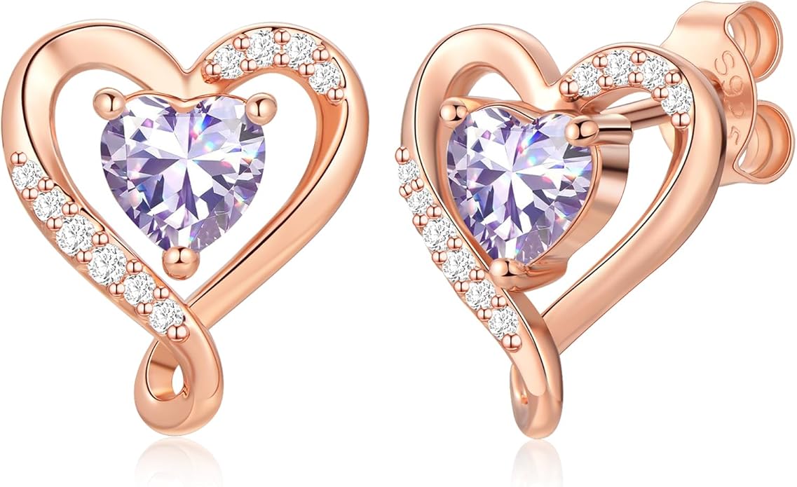Zifeel Earrings for Women, S925 Sterling Silver Rose Gold Birthstone Heart Studs Earring for Girlfriend Wife, Anniversary Birthday Christmas Valentines Mothers Day Gifts Jewelry for Women Wife Her Mom