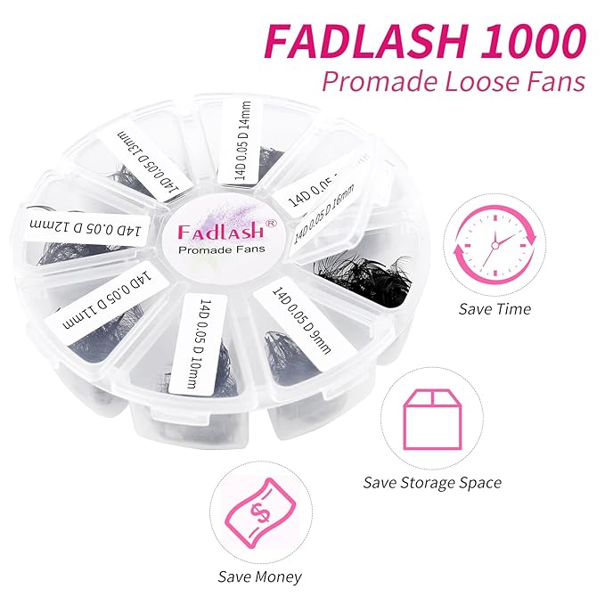 Lash Extension 1000pcs Mixed Premade Fans Eyelash Extensions D Curl Promades Eyelash Volume Lash Extensions Loose Fans Pre Made Volume Lashes Pointed Base (14D-0.05D, 9-16mm)