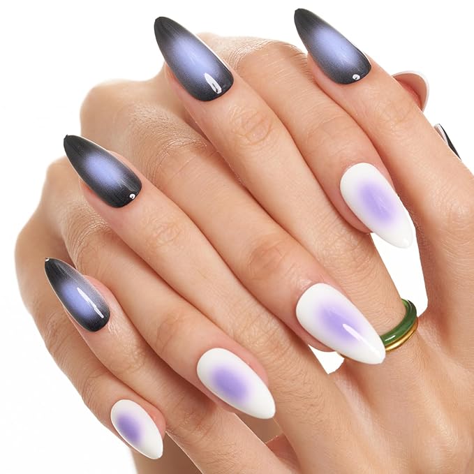 GLAMERMAID Black White Ombre Press on Nails Medium Almond, Purple Aurora Fake Crush Nails, Stiletto Fake Nails, Short Oval Stick Glue on Nails Tips for Women, Reusable Acrylic False Nail Kits