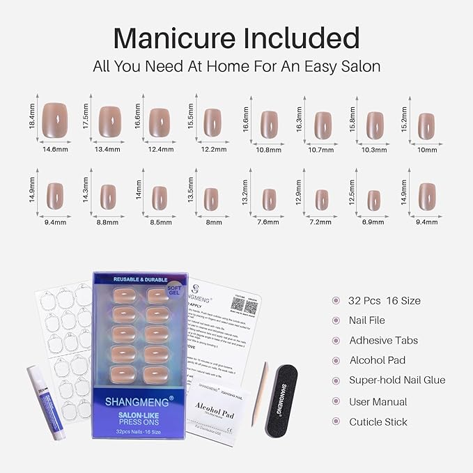 SHANGMENG Cat Eye Nude Press on Nails Square - Soft Gel Press on Nails Short for Women Gift, Fit Perfectly & Natural Stick on Nails with Glue in 16 Sizes - 32 Reusable Fake Nails, Light Nude