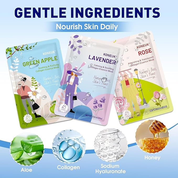 54 Pack Bulk Sheet Face Masks Skincare, Hydrating and Moisturizing Face Mask for All Skin Types, Collagen Facial Masks for Skin Care, Valentines Day Gifts, Mothers Day Gifts for Mom (9 Types x 6 Pcs)