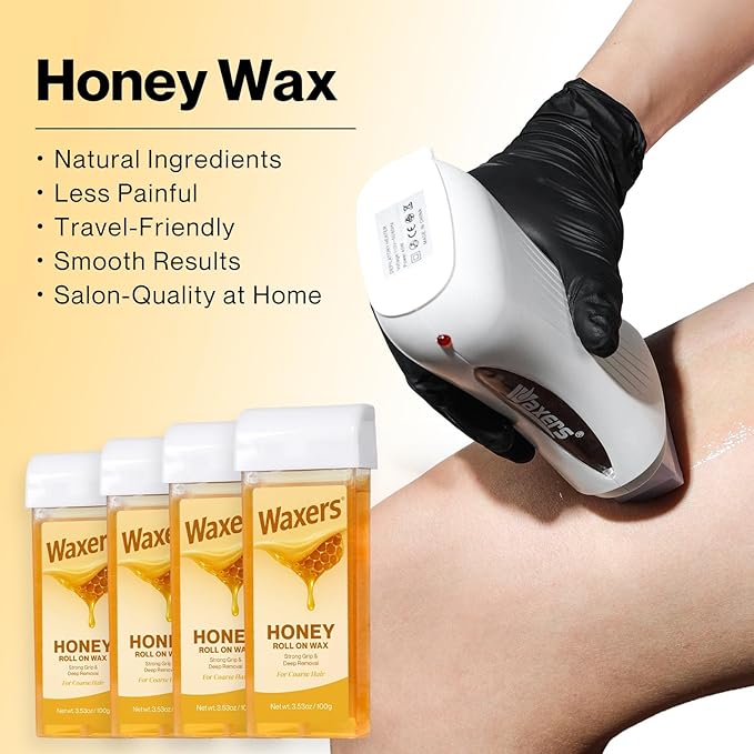 Waxers Roll on Wax Kit for Hair Removal at Home Roller Waxing Depilatory for Women Men Honey Soft Wax Kit for Coarse & Thick Hair with Warmer and Strips