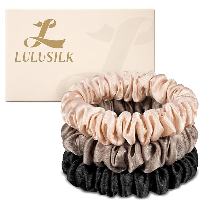 LULUSILK Small Silk Hair Ties No Damage, 100% Real Mulberry Silk, Skinny Scrunchies Ponytail Holders for Thin Fine Hair, Black Brown and Lotus Pink, Pack of 3