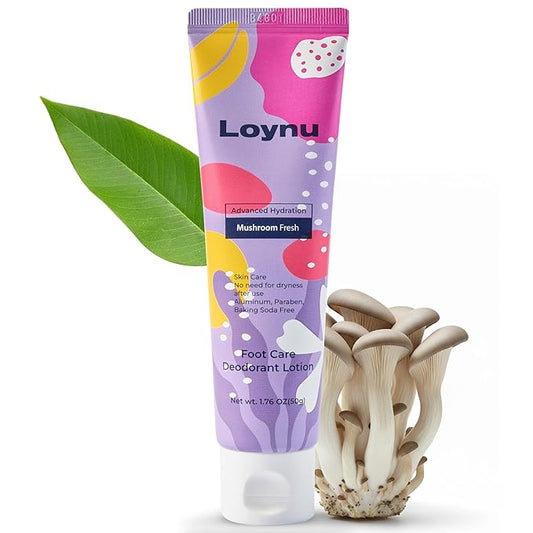 LOYNU Foot Care Deodorant Lotion – Long-Lasting Odor Control & Deep Hydration, Neutralizes Foot Odor, Moisturizes Dry, Cracked Heels, Mushroom Extract Formula for Soft, Healthy-Feeling Feet, 1.76oz