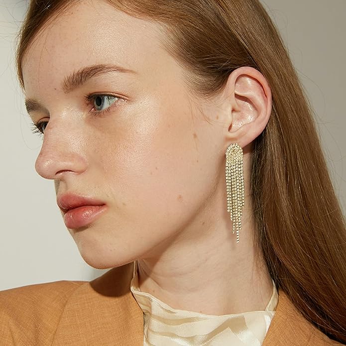 HERIER Rhinestone Earrings Dangling for Women Chandelier Statement Tassel Earrings Girls Silver Sparkly Drop Cubic Zirconia Crystal Earrings Long Dangle Costume Jewelry