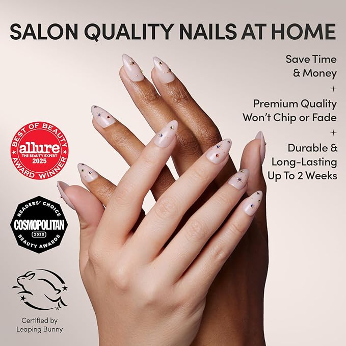 Glamnetic Press On Nails - North Star | Semi-Transparent 3D Multicolor Gems Short Almond Fake Nails, Salon Quality | 15 Sizes - 30 Nail Kit