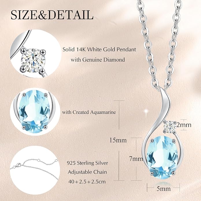 FANCIME 14K Solid White Gold Oval Gemstone Necklace with Diamond Pendant Gifts for Mom Women,16"+2" Inches