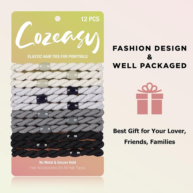 12 pcs Assorted Elastic Hair Ties, No-Metal Gentle Secure Hold Ponytail Holders, No Damage or Snagging Hair Bands, Perfect for Girls and Women with Thick or Curly Hair (Multicolor 4)