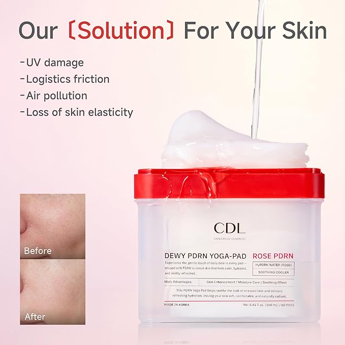 CDL Dewy Rose PDRN Toner Pads - Stretchy Facial Yoga Pad Hydrating, Firming & Soothing for Daily Care, Hyaluronic Acid PHA Glutathione Korean Skin Care, 60 Pads