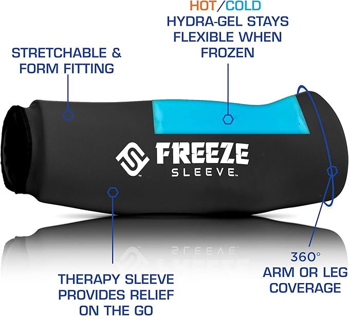FreezeSleeve Ice and Heat Therapy Sleeve | Reusable Ice Pack Flexible Gel Compression Sleeve for Pain Relief and Recovery of Elbow Knee Ankle Leg Wrist Injuries | Black Large