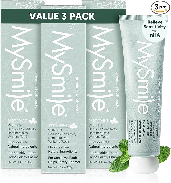 MySmile Fluoride Free Nano Hydroxyapatite Toothpaste for Sensitive Teeth, Strengthens Enamel, Remineralizes & Whitens Teeth, Freshens Breath for Adults, SLS Free, Misty Mint, 4.2 oz