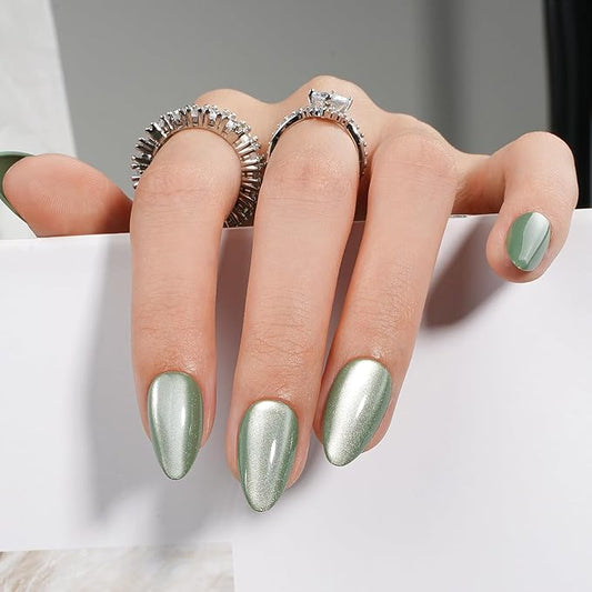 Canvalite Press On Nails Short Almond, 30Pcs Cat Eye Press on Nails Reusable Acrylic Fake Nails with Glue & Glue Remover Easy to Use Manicure Kit for Women, Green