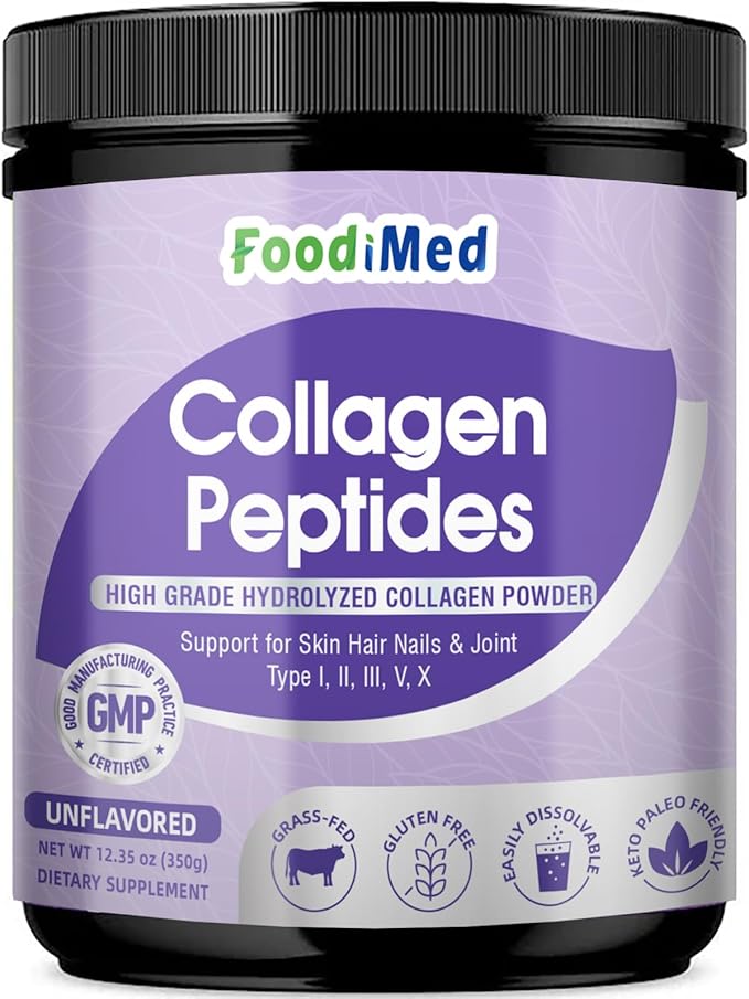 FoodiMed Multi Collagen Peptides Powder - Hydrolyzed Collagen with Vitamin C, Hyaluronic Acid & Biotin – Skin, Hair, Nails, Joint & Anti-Aging Support, 35 Servings