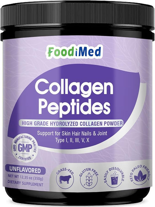 FoodiMed Multi Collagen Peptides Powder - Hydrolyzed Collagen with Vitamin C, Hyaluronic Acid & Biotin – Skin, Hair, Nails, Joint & Anti-Aging Support, 35 Servings