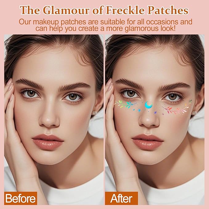 Boko 10Pcs Holographic Glitter Freckles Face Tattoo, Star Face Glitter Speckles Makeup Patches for Pride Accessories, Waterproof Sparkle Temporary Tattoos for Festival Concert Party Rave Accessories