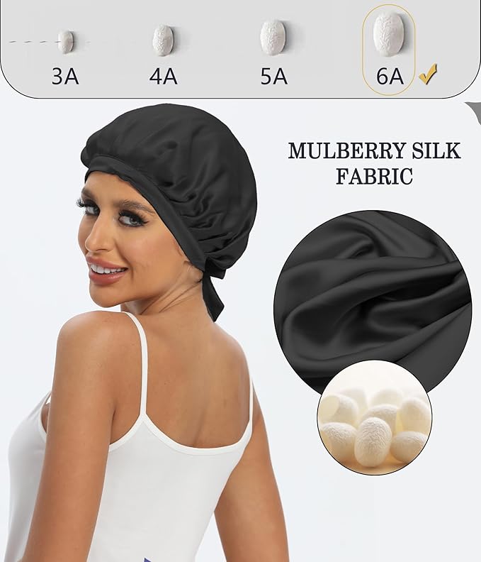 Cocheng 100% Mulberry Silk Bonnet Double-Sided Silk Sleep Cap with Adjustable Ribbon 19 Momme Bonnet for Sleeping(Black)