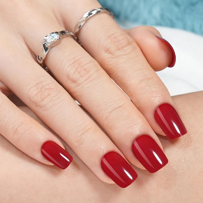 Wine Red Press on Nails Short, Jofay Fashion Glossy Red Valentines Fake Nails with Nail Glue, Square Glue on Nails, Natural Acrylic False Nails, Stick on Nails for Women Gift, Gel Nail Kit, 24pcs