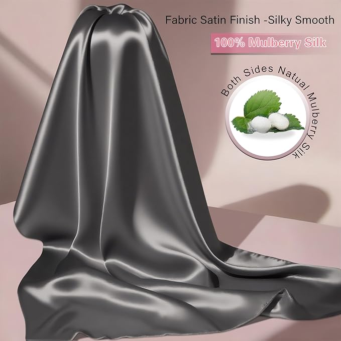 Mulberry Silk Pillow Cases with Zipper, Ultra Smooth Soft Breathable Cooling Pillow Cases for Hot Sleepers, Silk Satin Pillowcase for Hair and Skin, Gifts for Women (Dark Grey, King Size, 1 Pack)