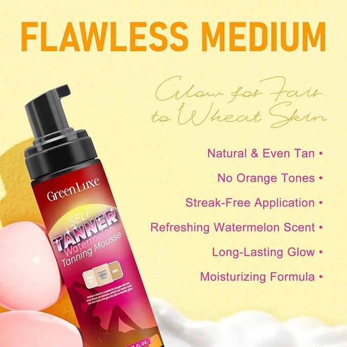 Self Tanner Mousse Mitt Kit – Sunless Tanning Foam with Hyaluronic Acid for Hydrating - Flawless & Streak-Free Fake Tan Mousse, Watermelon Scent Medium Glow 6.76 fl. oz