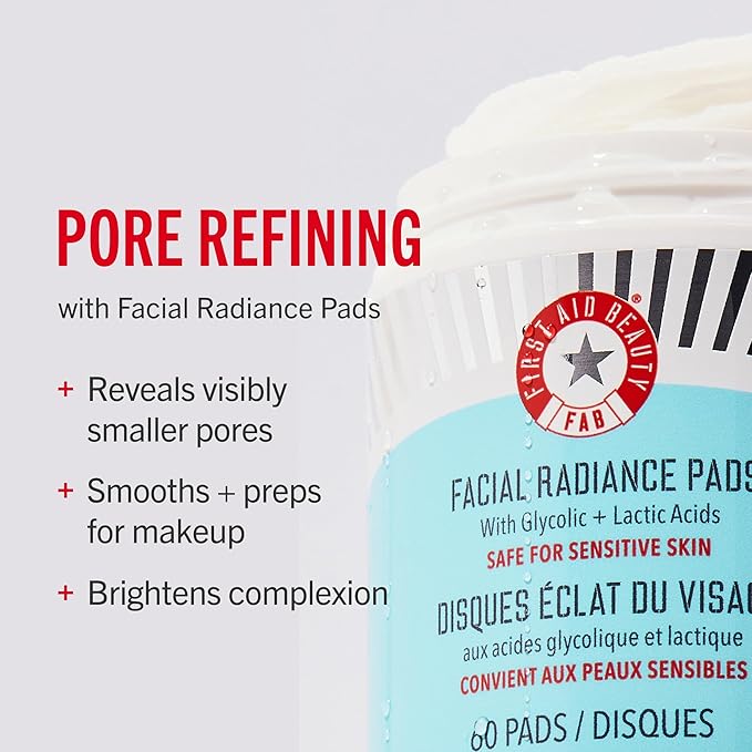 First Aid Beauty - Facial Radiance Pads with Glycolic & Lactic Acids, Daily Exfoliating Pads with AHA, Visibly Smaller Pores, Help Tone & Brighten Skin, One-Step Makeup Prep, Compostable, 60