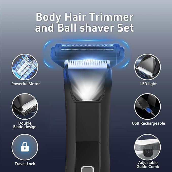 Beatslm Body Trimmer for Men, Groin & Body Hair Trimmer, Ball Foil Shaver, Nose Hair Clippers, 3 in 1 Men's Waterproof Wet/Dry Groomer with Travel Case &Travel Lock, LED Display, Black