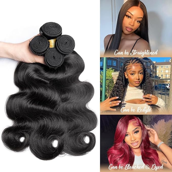 12A Human Hair Bundles 16 18 20 22 Inches Body Wave Bundles Human Hair 100% Unprocessed Brazilian Virgin 4 Bundles Human Hair Extensions Quick Weave Natural Black