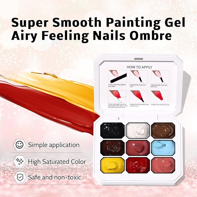 Karroy Christmas Gel Polish, 9 Colors Ombre Patting Gel Nail Polish Palette 100 Sponges 6 Brushes 1Grabber, Blending Color Gradient Painting Nails Art, No Wipe, UV/LED Cured (Set 04)