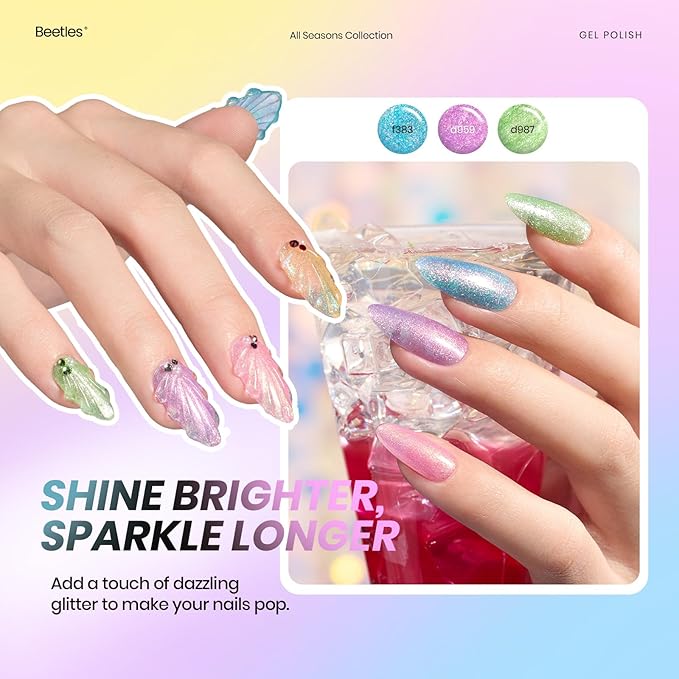 Beetles Gel Nail Polish Set - 53 Pcs 48 Colors Cat Eye Gel Nail Polish Pink Jelly Nude Red Green Blue Glitter Shell Shread Salon DIY Home UV LED Valentines Gifts for Women Vivid Moments