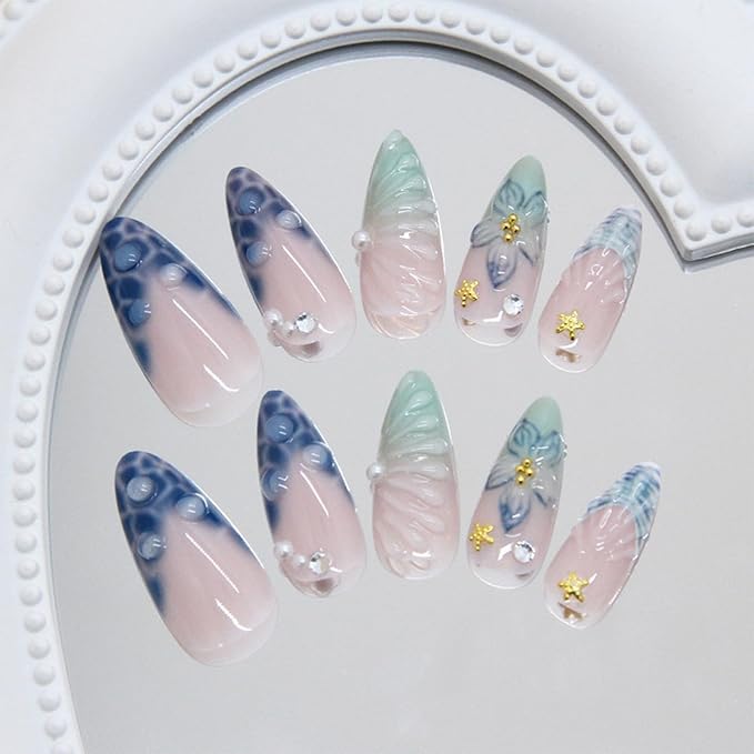 JONKASIPA 24 Pcs French Press On Nails, Medium Length Almond Shape Fake Nails, 3D Flower Nail Decoration Full Coverage Blue Patch Nails Artificial Nails For Women