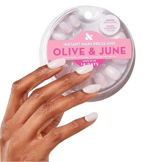 Olive & June Instant Mani Press-On Nails | (Glue) Extra Short, Round 42 Fake Nails, 21 Sizes | Non-Toxic, Long-Lasting Recycled Materials Realistic Look | Salon-Quality at Home | Strawberry Scone