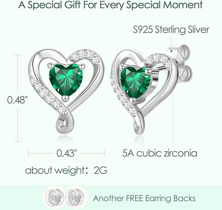 Zifeel Earrings for Women, S925 Sterling Silver Rose Gold Birthstone Heart Studs Earring for Girlfriend Wife, Anniversary Birthday Christmas Valentines Mothers Day Gifts Jewelry for Women Wife Her Mom
