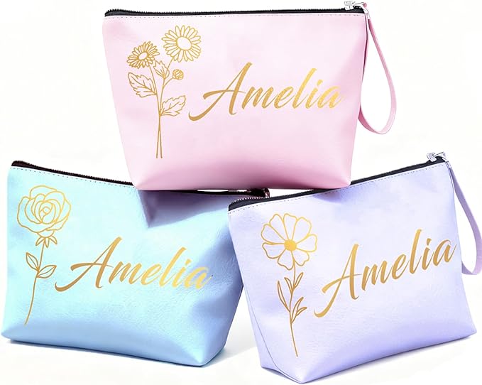 Personalized Makeup Bag Initial&Birth Flower Custom Small Travel Cosmetic Bag with Name Cute Makeup Bag for Women Girls