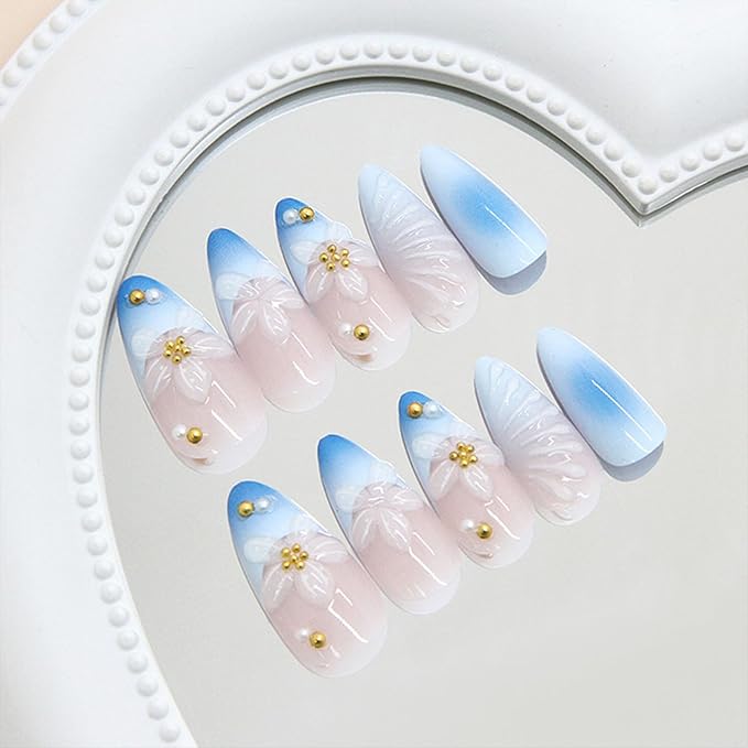 JONKASIPA Almond Press on Nails 3D Flower Stick on Nails French False Nails Acrylic Nails Glossy Artificial Nails Full Cover Glue on Nails for Women 24Pcs