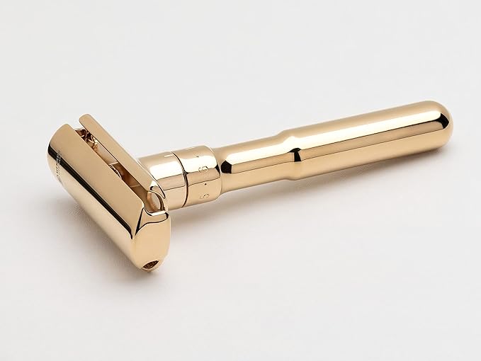 MERKUR FUTUR 702 Adjustable Double Edge Safety Razor - Bright Gold, Adjustable Razor With Dial, Made in Germany, Plastic-Free, Snap-On Cap Design, Straight Bar