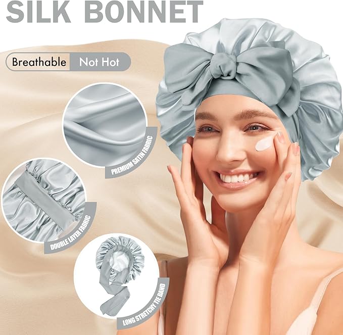 Silk Bonnet for Sleeping Women, Adjustable Soft Satin Lined Bonnet with Tie Band, Double Layer Sleep Night Cap
