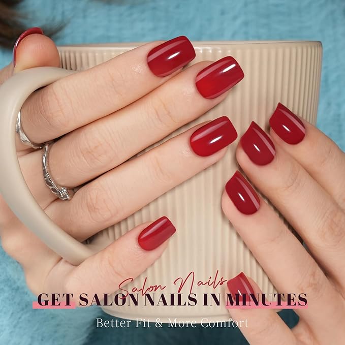 Wine Red Press on Nails Short, Jofay Fashion Glossy Red Valentines Fake Nails with Nail Glue, Square Glue on Nails, Natural Acrylic False Nails, Stick on Nails for Women Gift, Gel Nail Kit, 24pcs