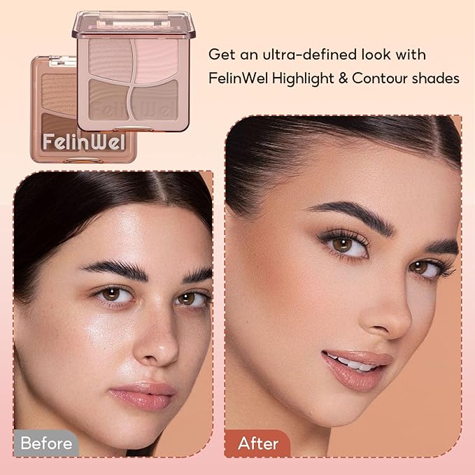 FelinWel Highlight Contour Makeup Palette Effortless Blending Matte Shimmer Highlighter Palette and Bronzer Powder for Warm Toned Skin